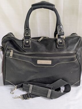 Oscar de la Renta Vintage Black Leather Weekender Duffel with Contrast Stitching